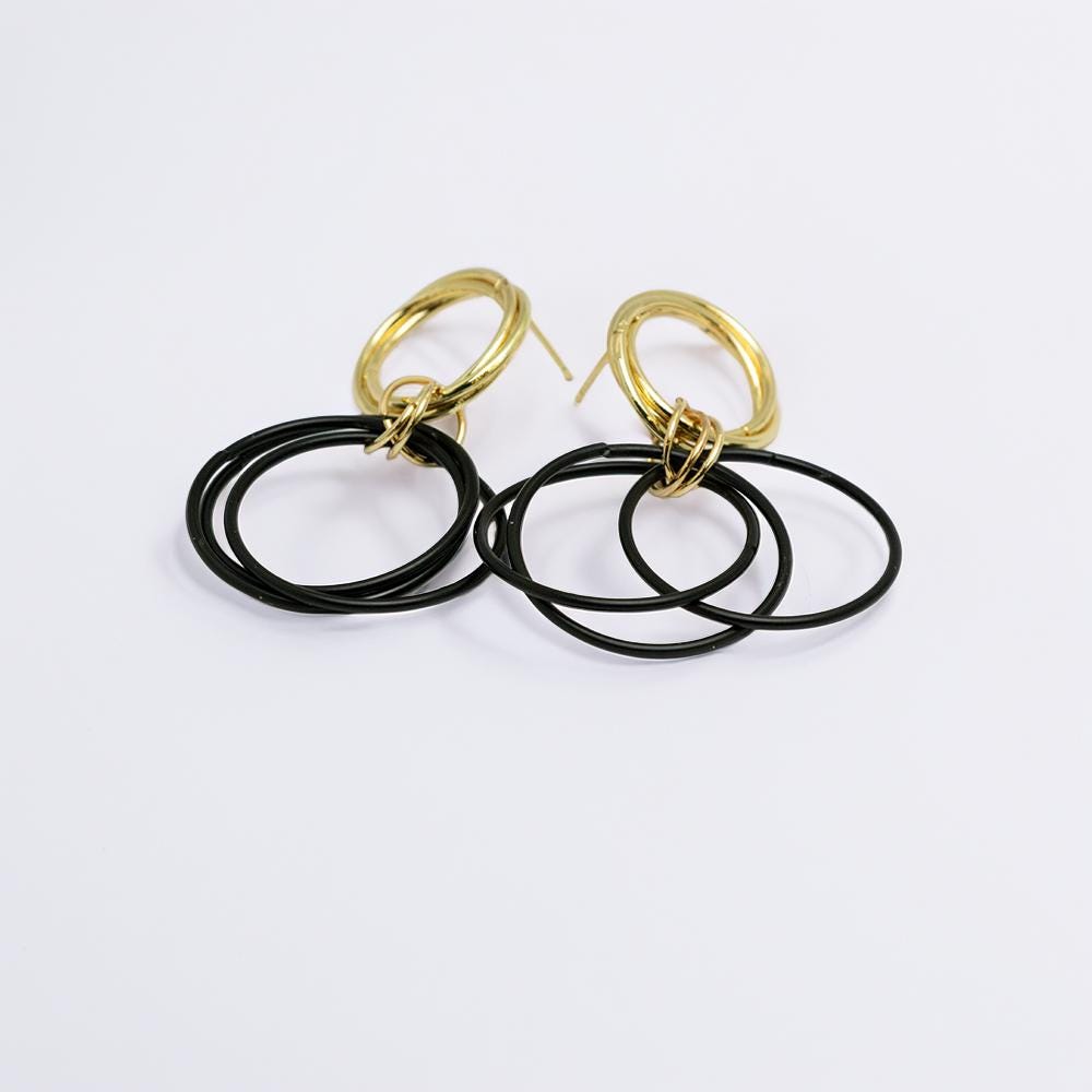 Geometric Gold & Black Dangle Earrings
