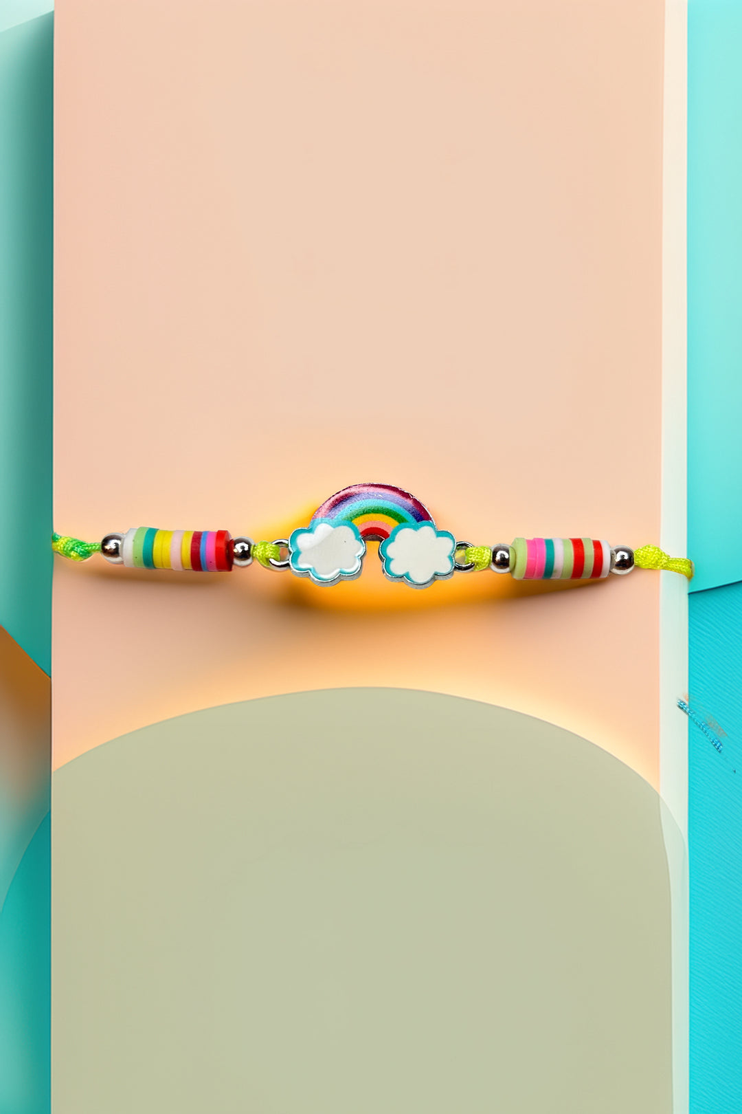 Rainbow friendship bracelet with colorful beads on display