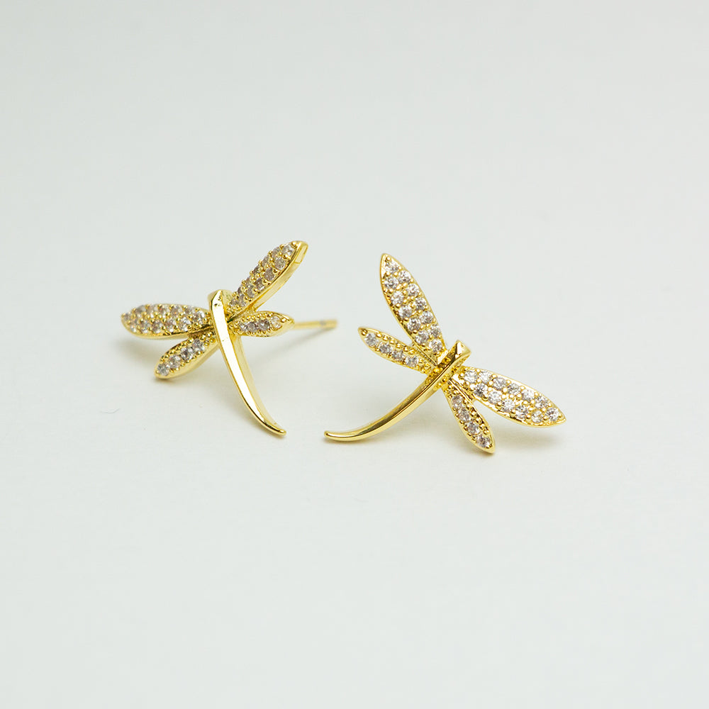Gold dragonfly earrings with crystals, front view