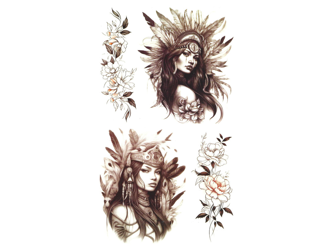 Tribal and floral temporary tattoo designs including portraits and flowers.