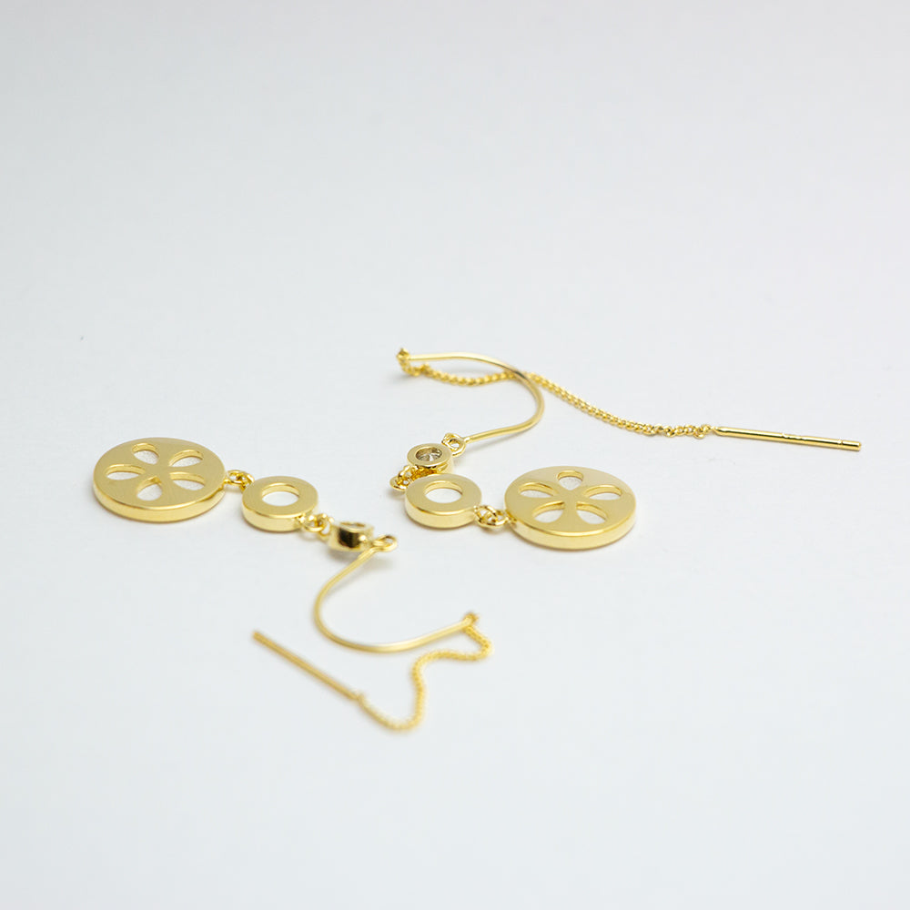 Close-up of elegant gold drop earrings showcasing details