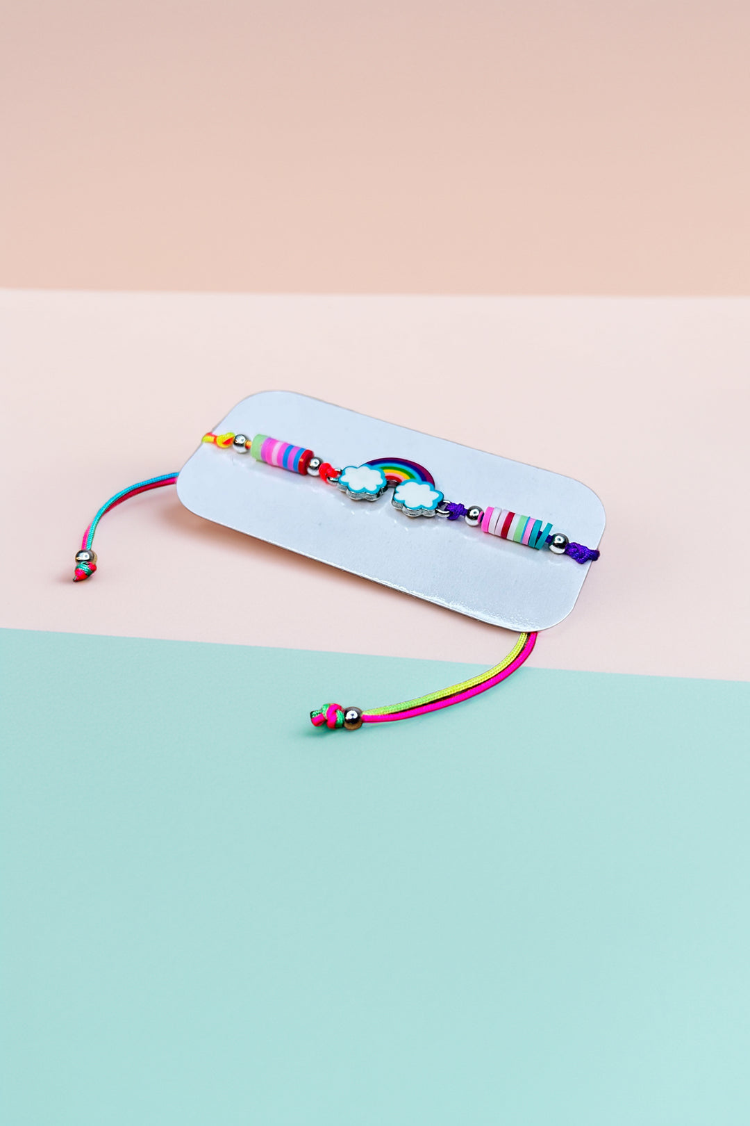 Side angle of adjustable rainbow bracelet