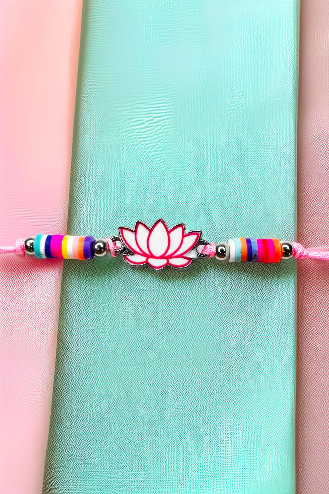 Close-up of the colorful lotus charm and beads