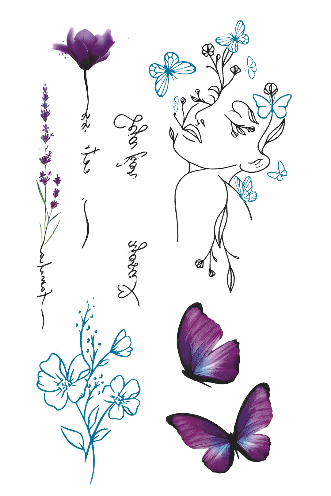 Full sheet of temporary floral and butterfly tattoos