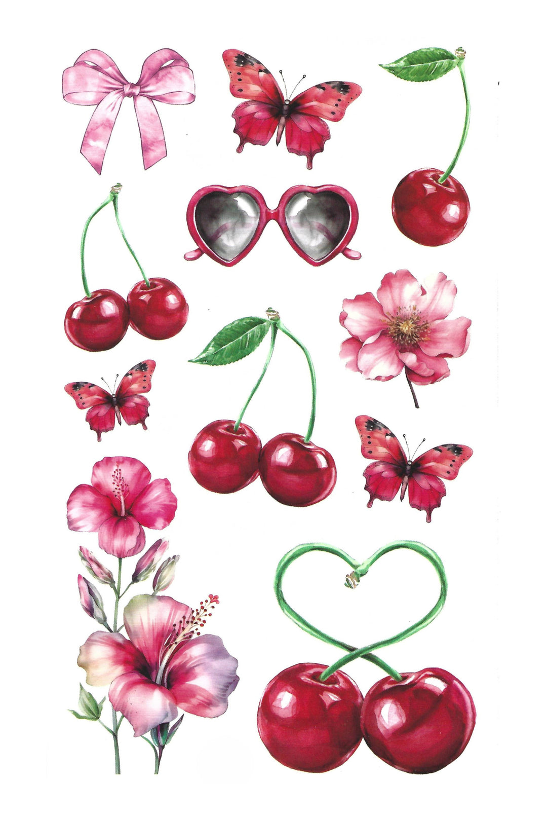 Collection of cherry, butterfly, and floral temporary tattoos