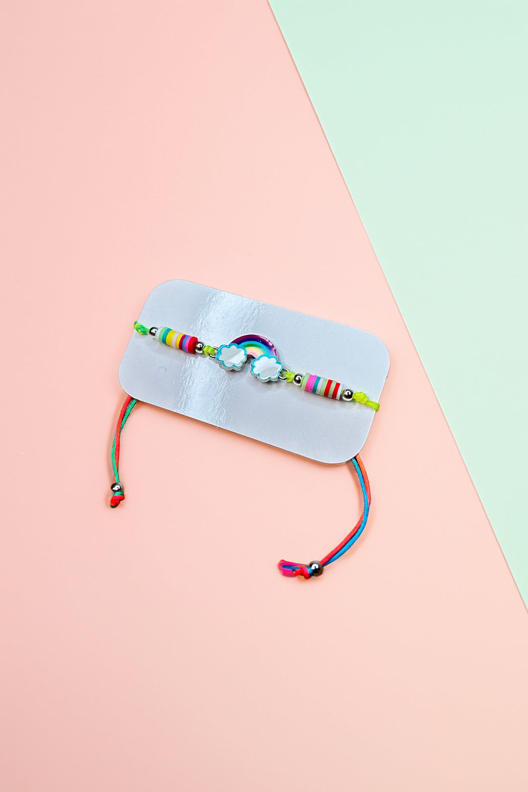 Side angle of the colorful rainbow friendship bracelet
