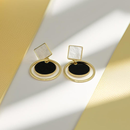 Geometric Gold & Black Earrings with Pearl