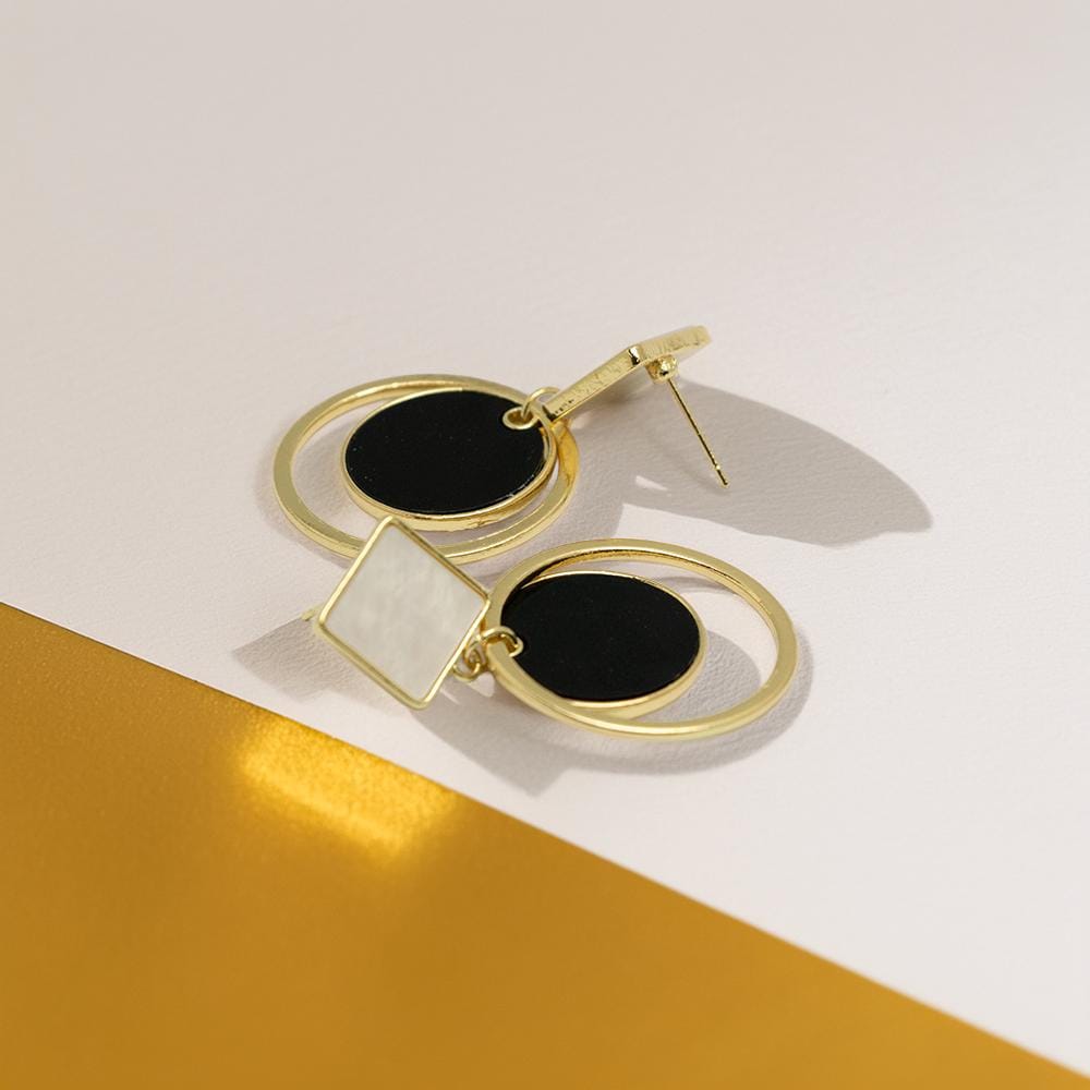Geometric Gold & Black Earrings with Pearl