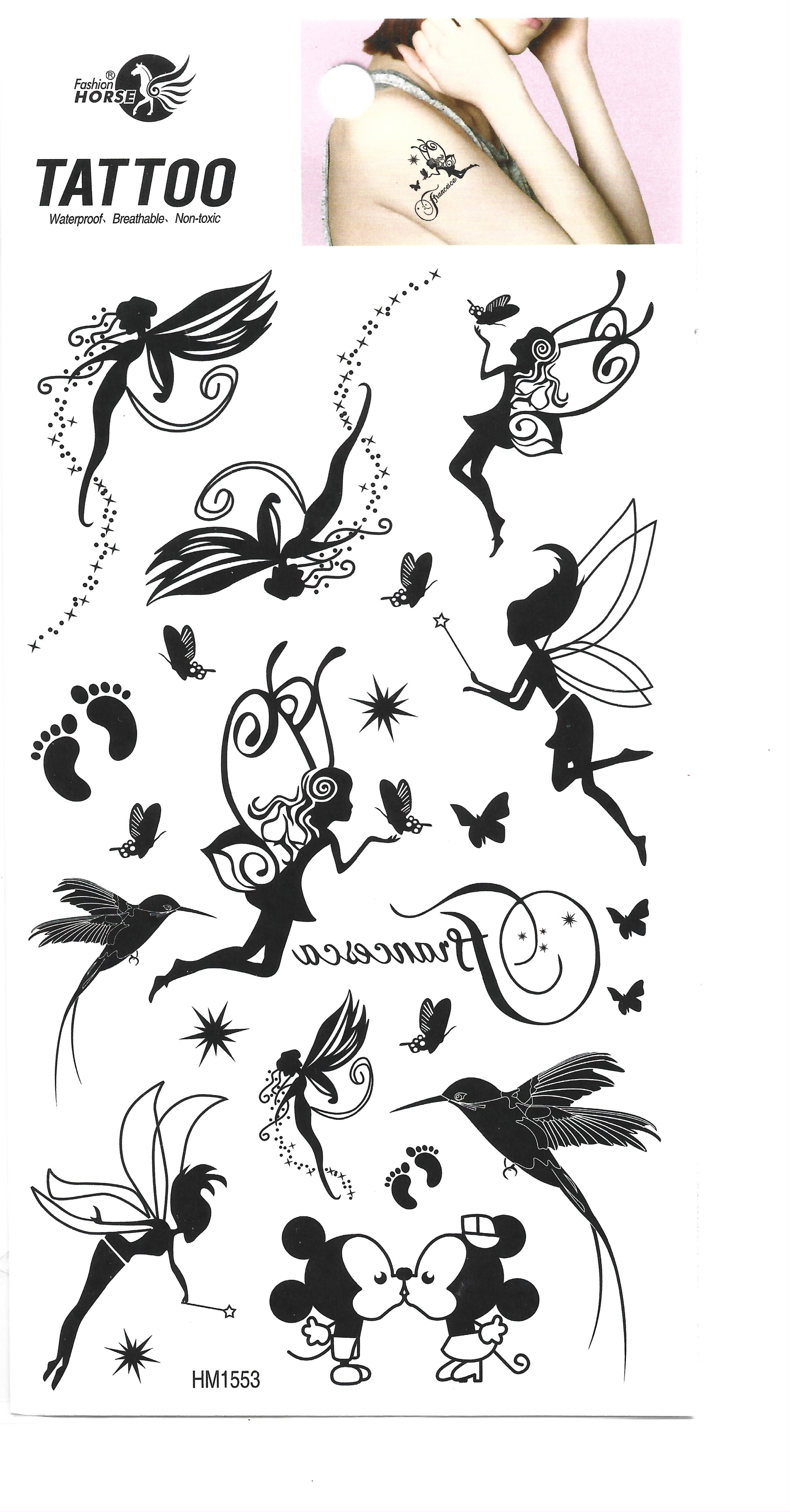 Fairy and butterfly temporary tattoo sheet with whimsical designs