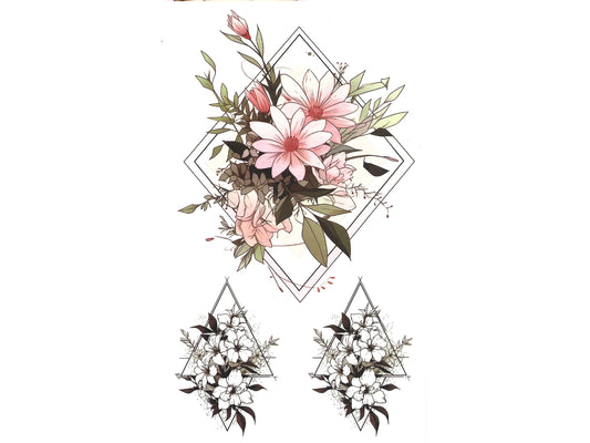Floral temporary tattoos set with pink and white flowers