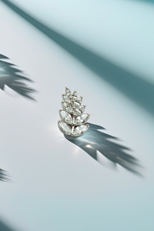 Main view of crystal leaf stud earring with shimmering effect