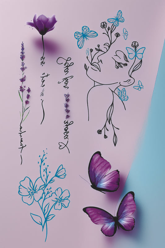 Detailed image of floral and butterfly temporary tattoos