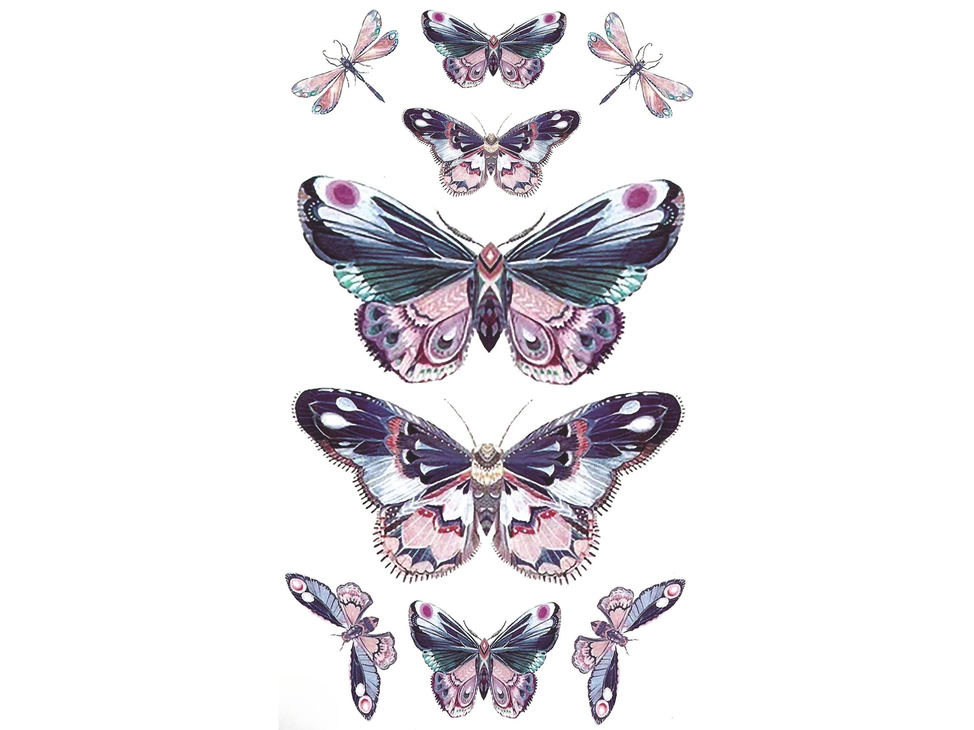 Elegant array of butterfly temporary tattoos in pink and purple shades