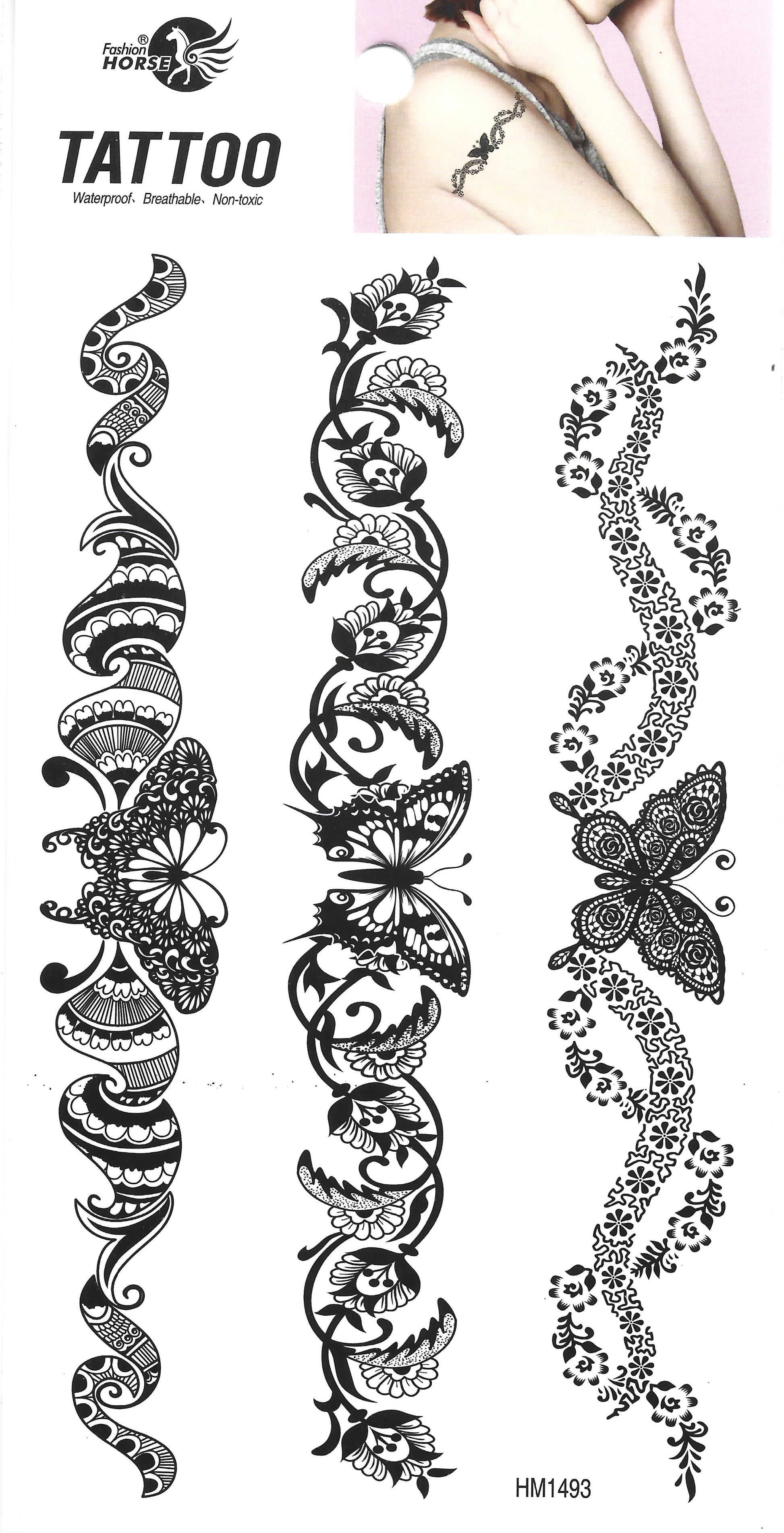 Floral and butterfly temporary tattoo designs with application example