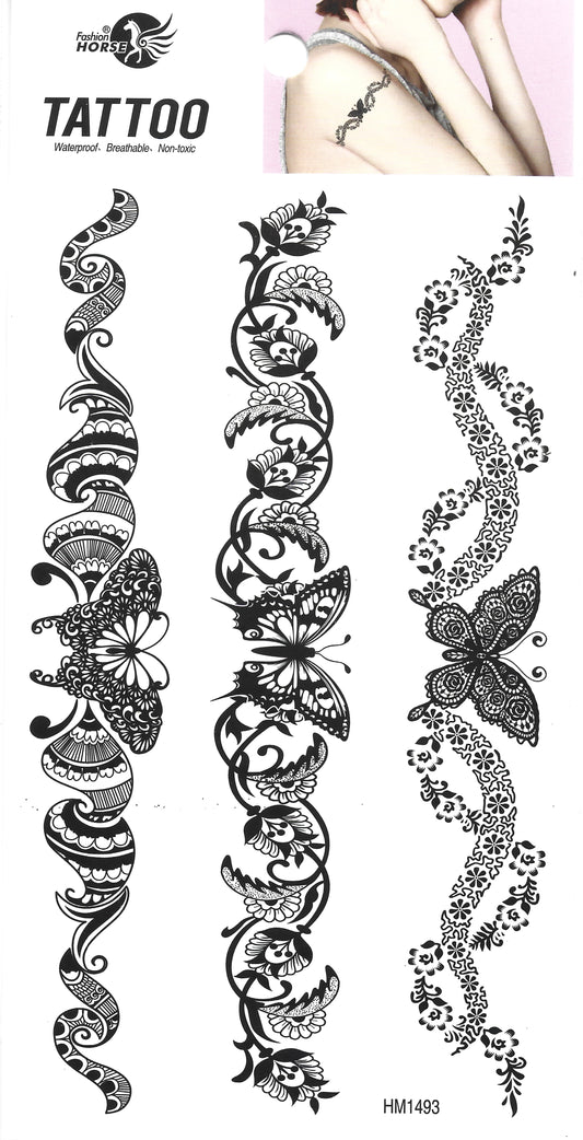 Floral and butterfly temporary tattoo designs with application example