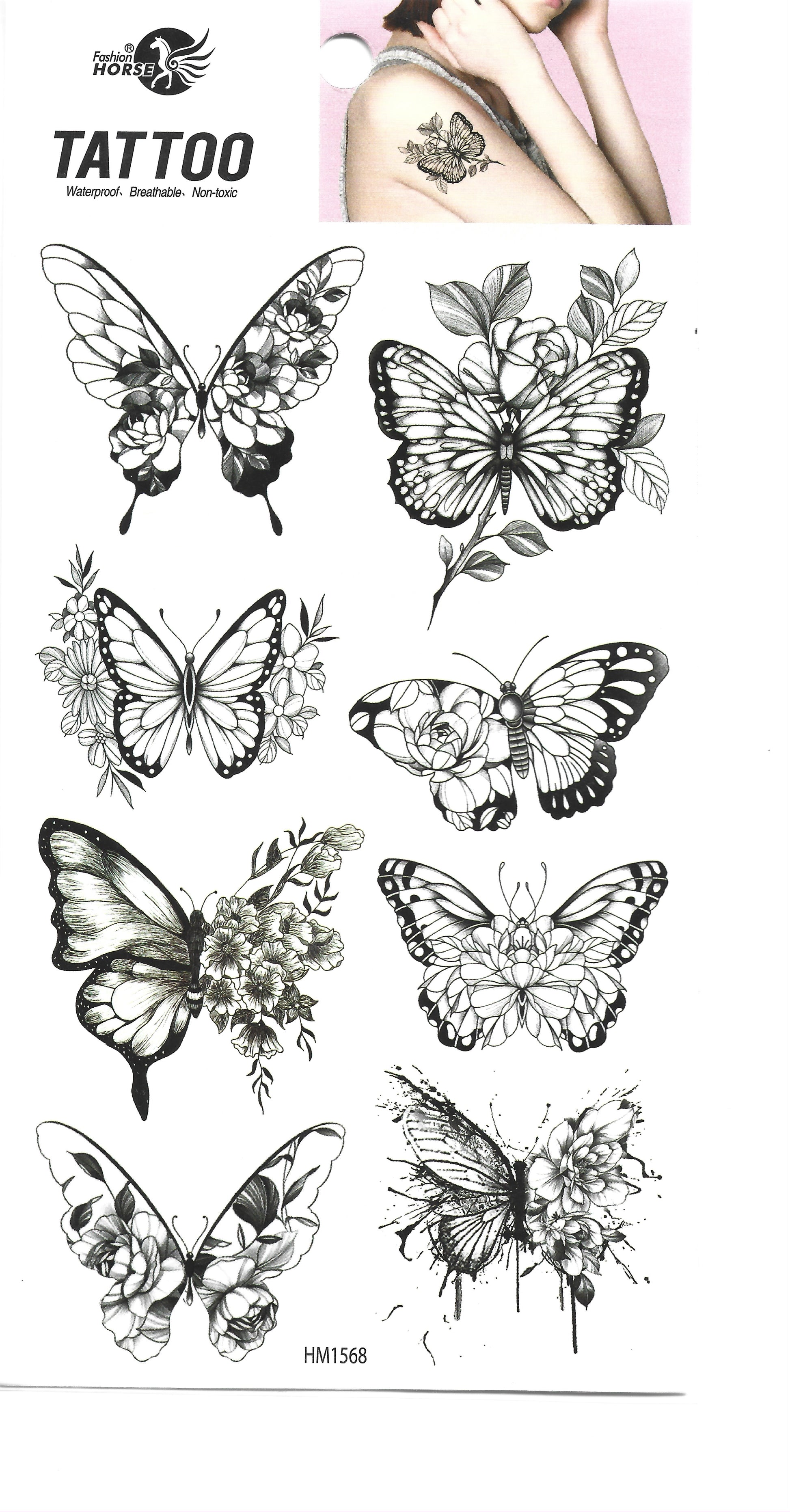 Sheet of intricate butterfly and floral temporary tattoos