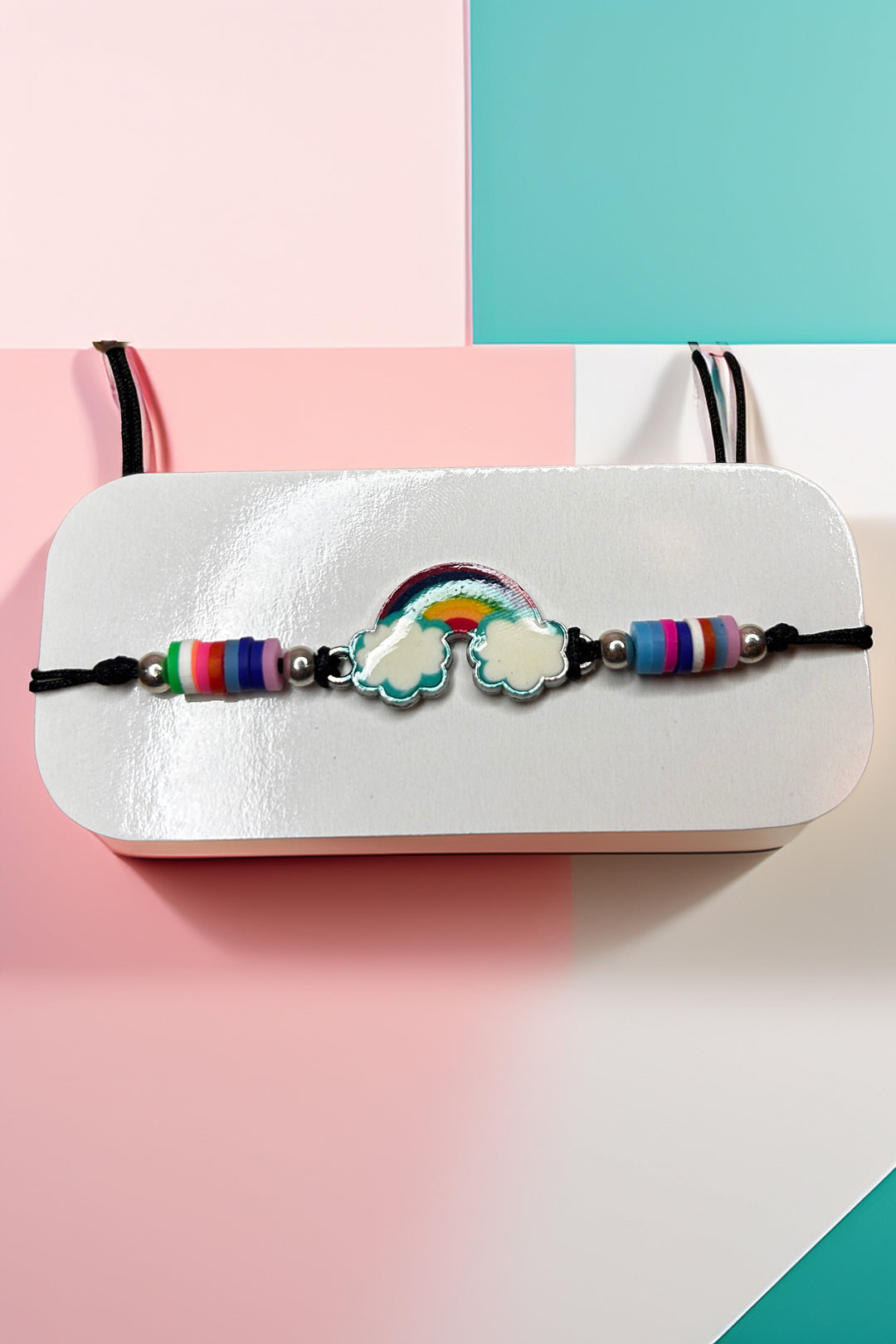 Front view of rainbow friendship bracelet