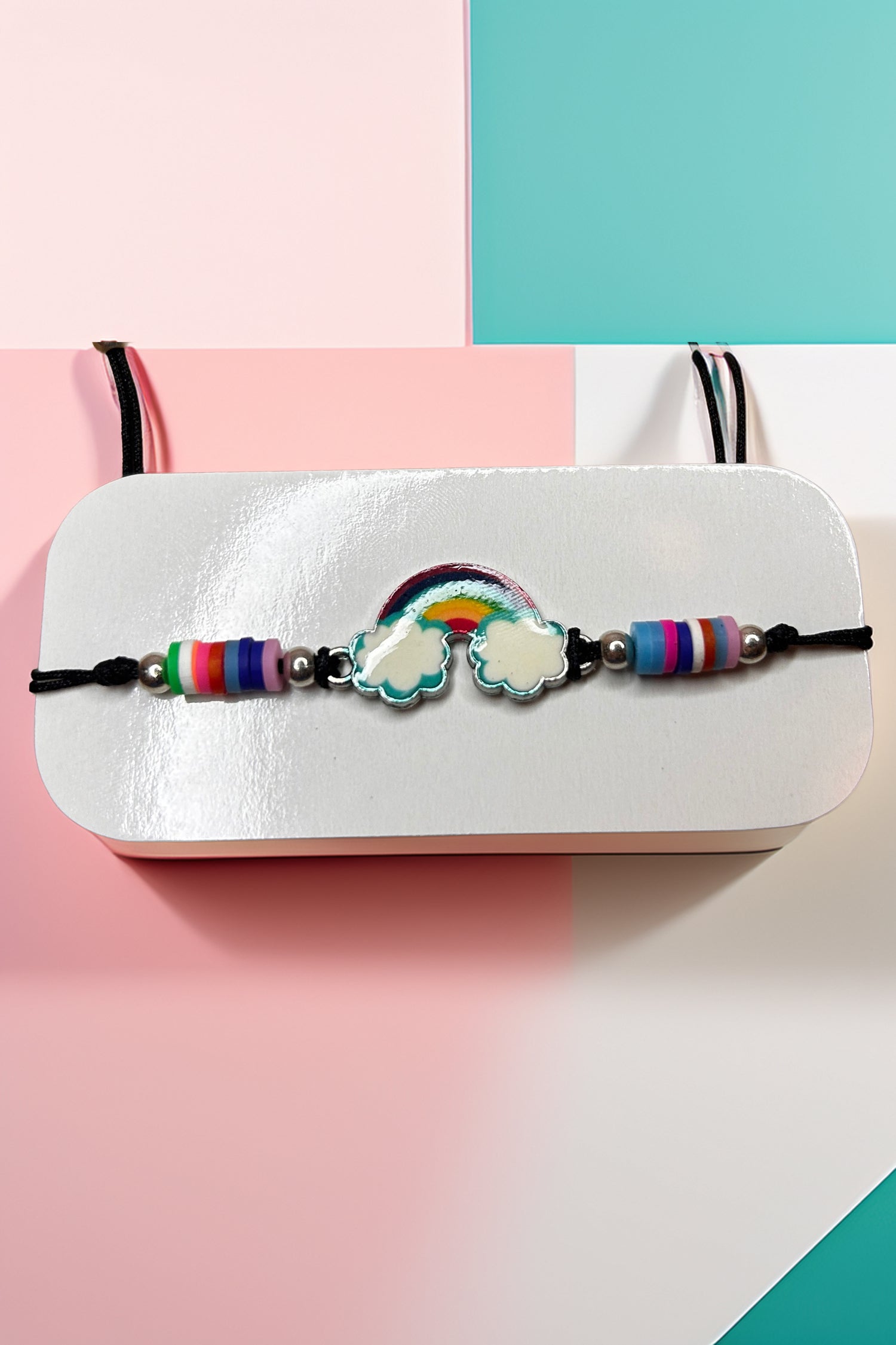 Front view of rainbow friendship bracelet