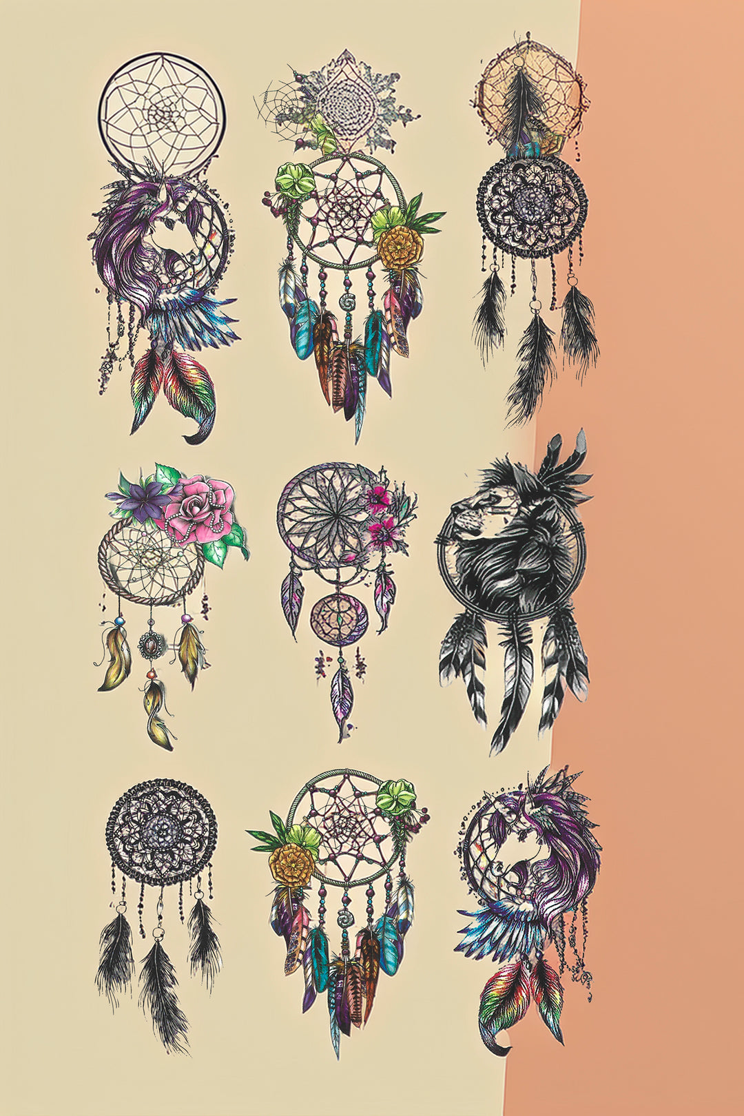Bohemian Dreamcatcher Temporary Tattoos on Beige Background