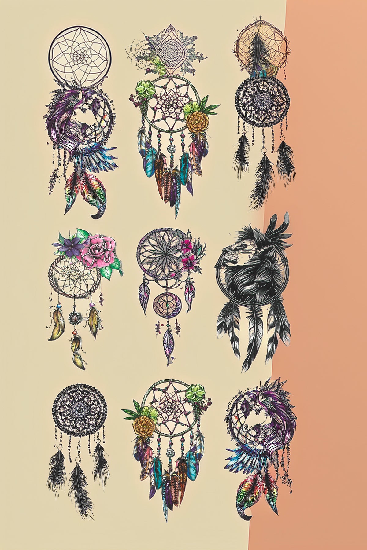 Bohemian Dreamcatcher Temporary Tattoos on Beige Background