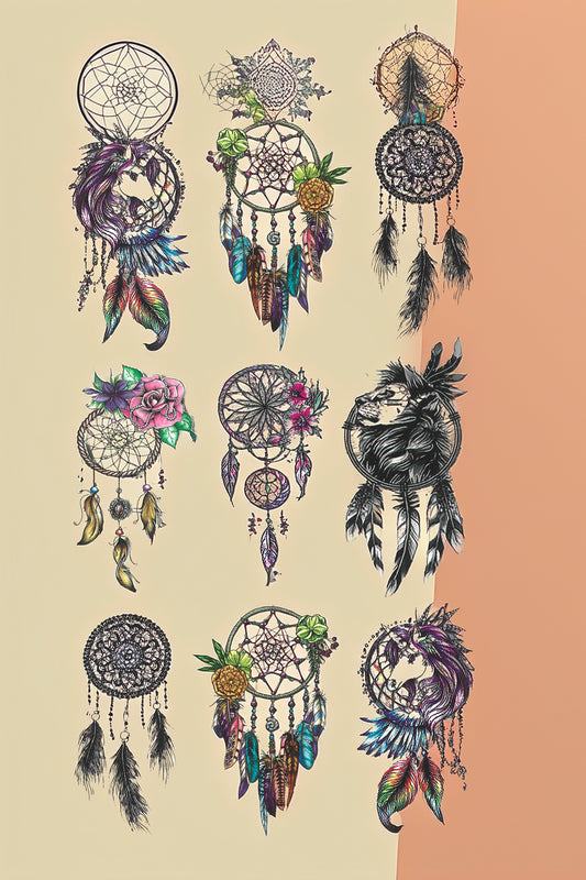 Bohemian Dreamcatcher Temporary Tattoos on Beige Background