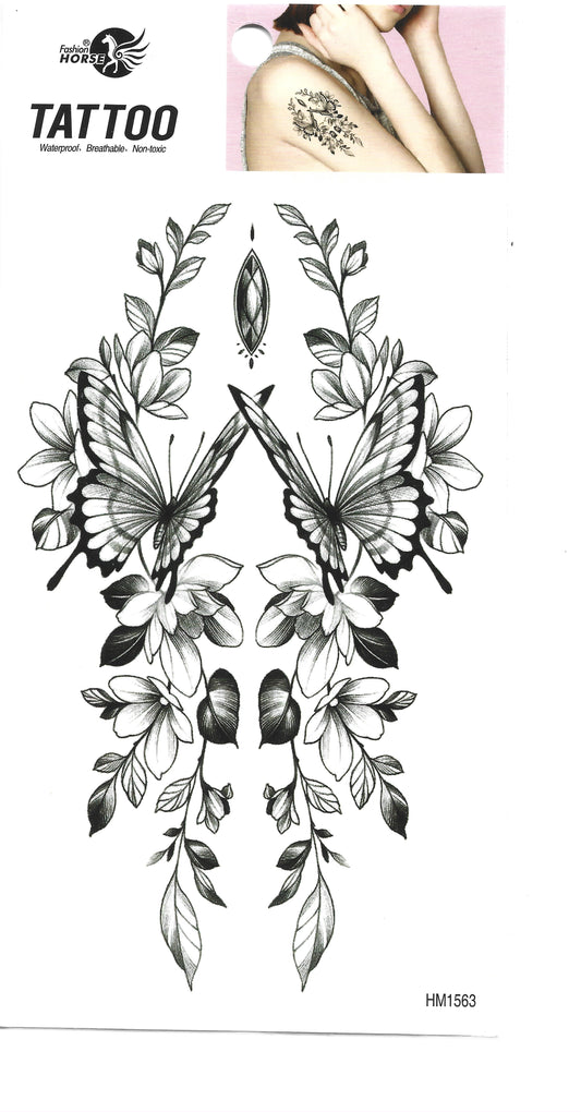 Black and white butterfly and floral temporary tattoo design