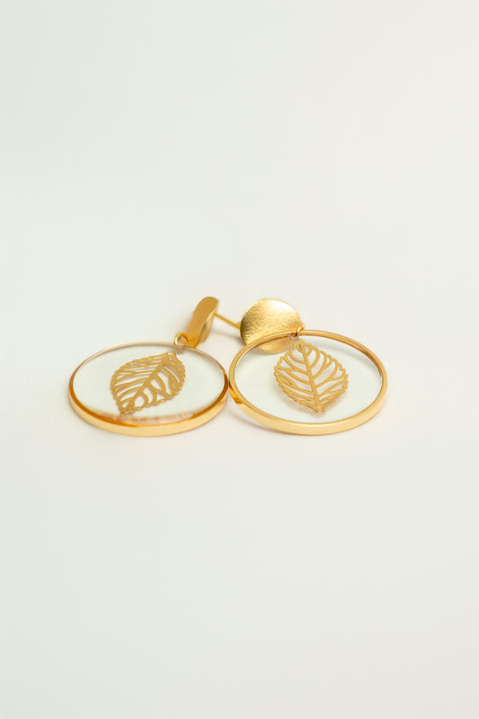 Front view of gold leaf dangle earrings by Mimi's Gift and Jewelry