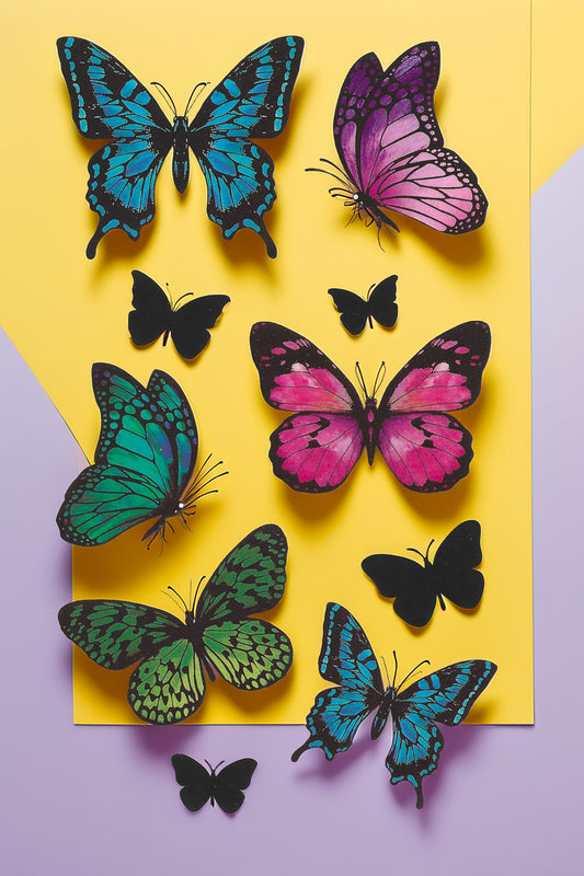 Colorful butterfly tattoos on yellow and purple background