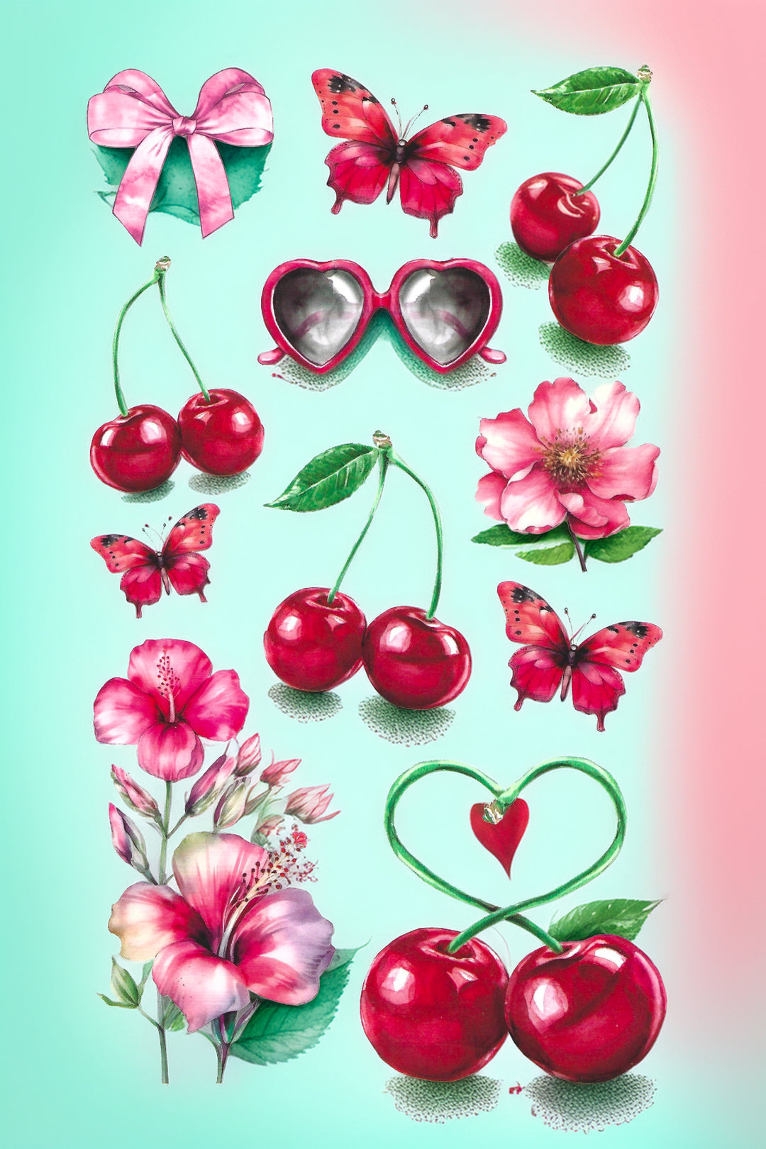 Cherry-themed temporary tattoo designs with butterfly and floral elements