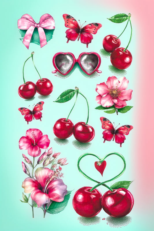 Cherry-themed temporary tattoo designs with butterfly and floral elements