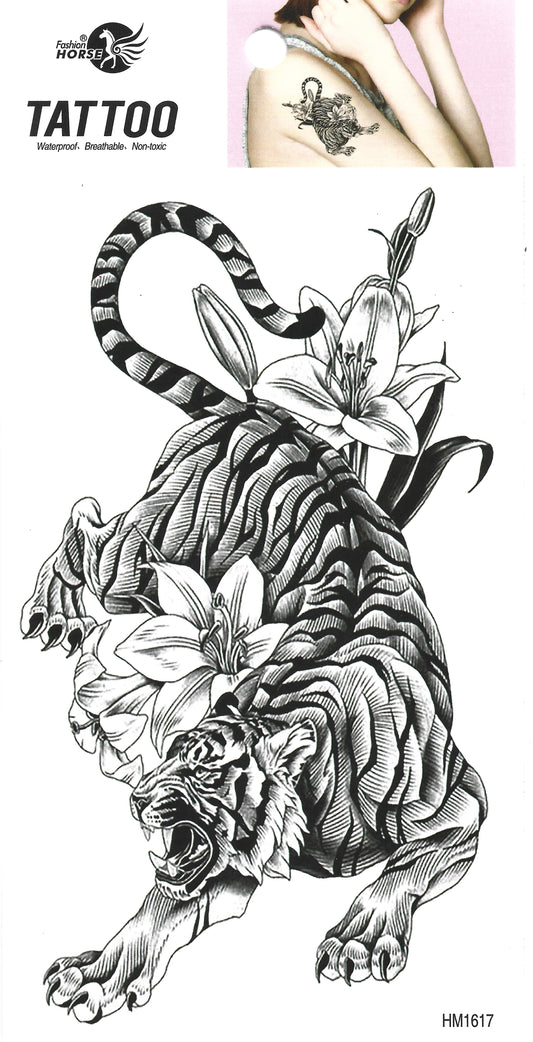 Tiger floral temporary tattoo design featuring a roaring tiger and lilies