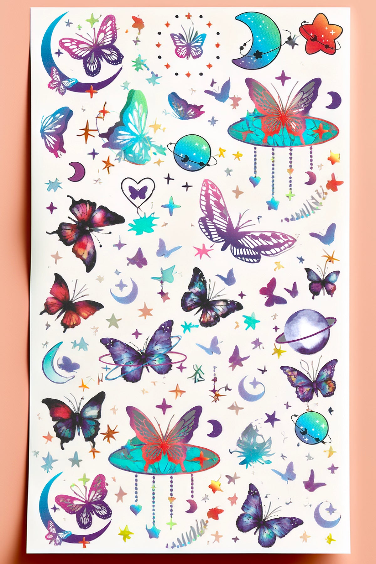Sheet of colorful butterfly and celestial temporary tattoos