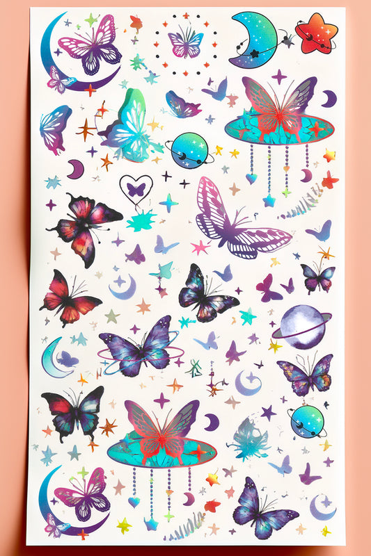 Sheet of colorful butterfly and celestial temporary tattoos