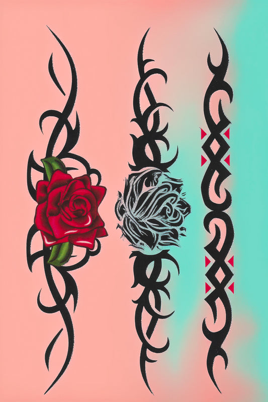 Floral and tribal temporary tattoo designs with a red rose