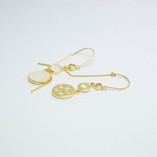 Main view of elegant gold drop earrings with circular designs