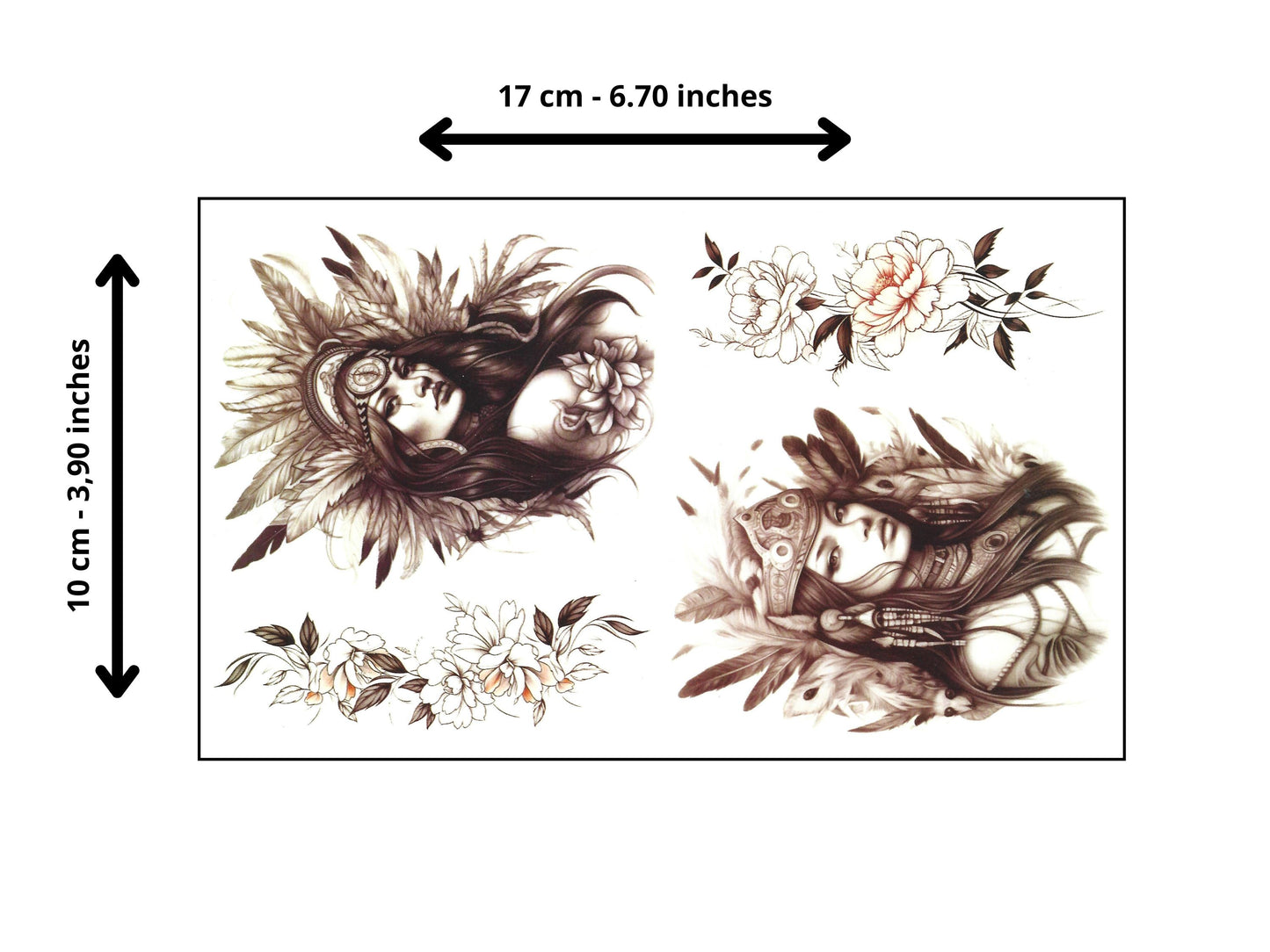 Dimensions of tribal and floral temporary tattoos set.