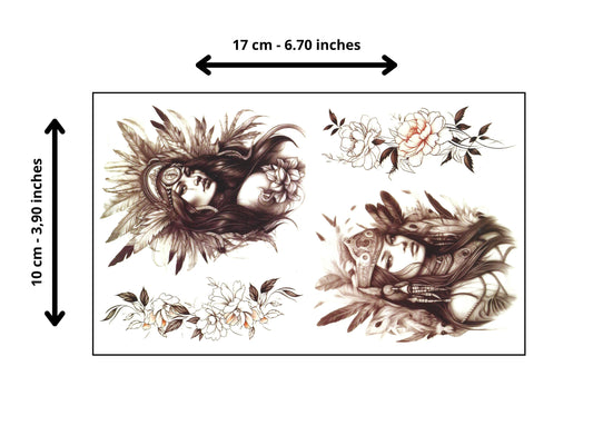 Dimensions of tribal and floral temporary tattoos set.