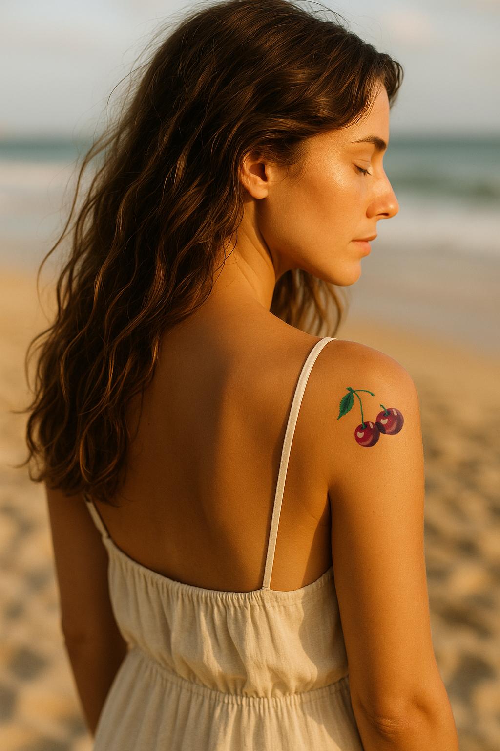 Model wearing cherry temporary tattoo on her shoulder at the beach