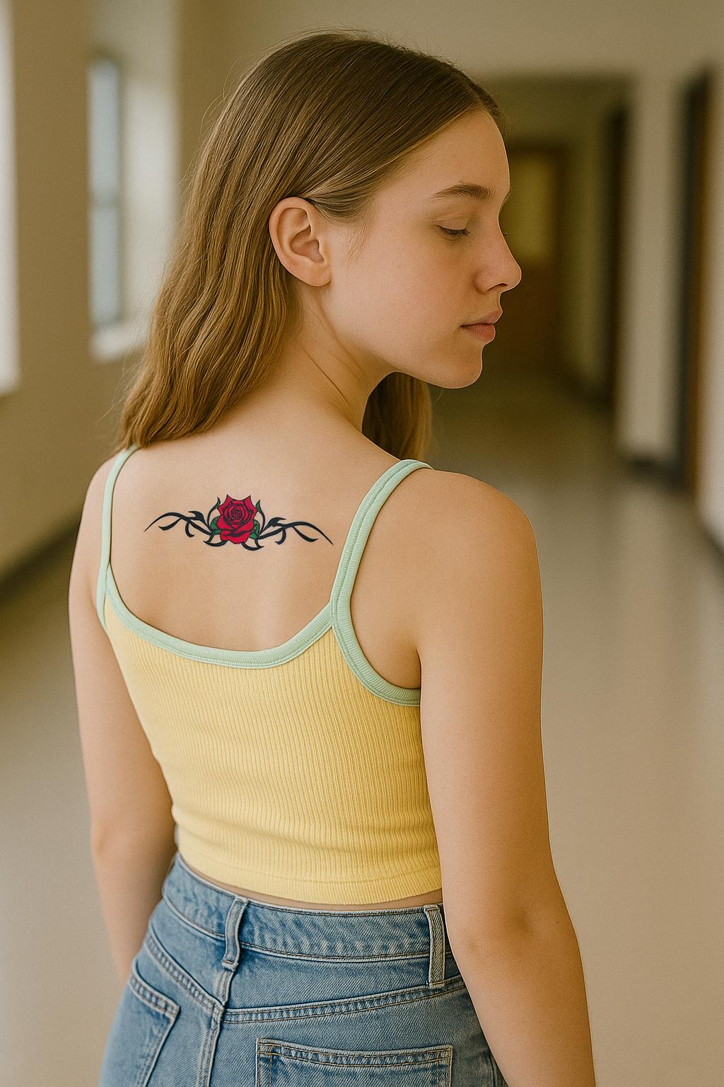 Red rose temporary tattoo on back shoulder