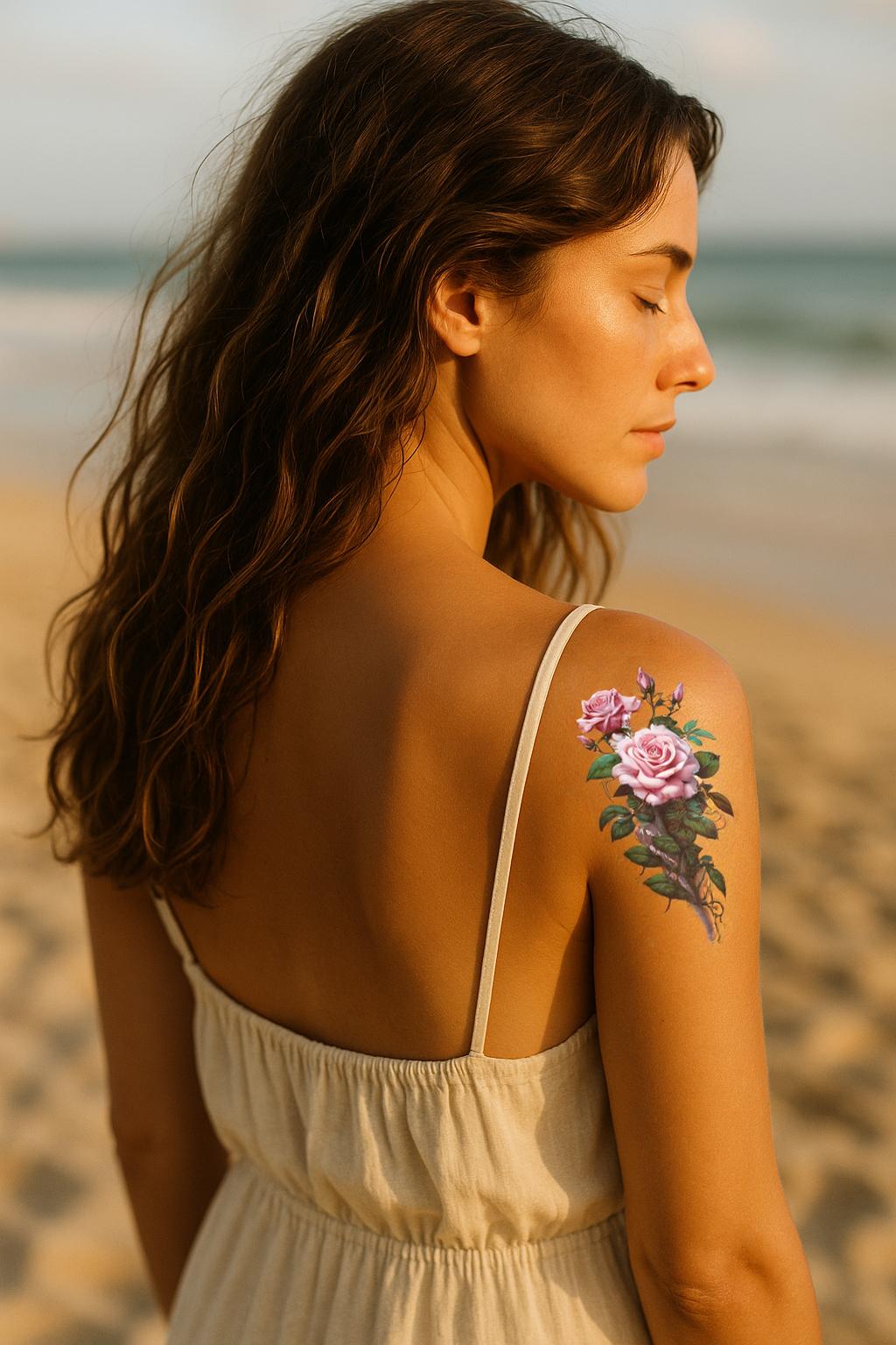 Woman with temporary rose tattoo on shoulder at the beach
