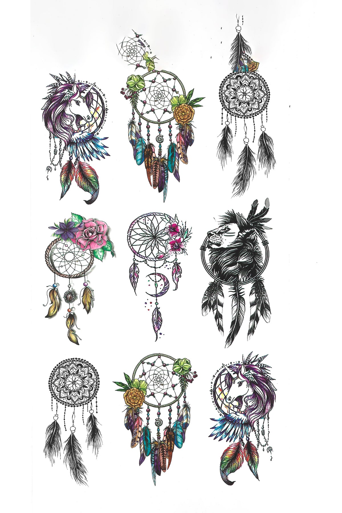 Collection of Bohemian Dreamcatcher Tattoos on White Background