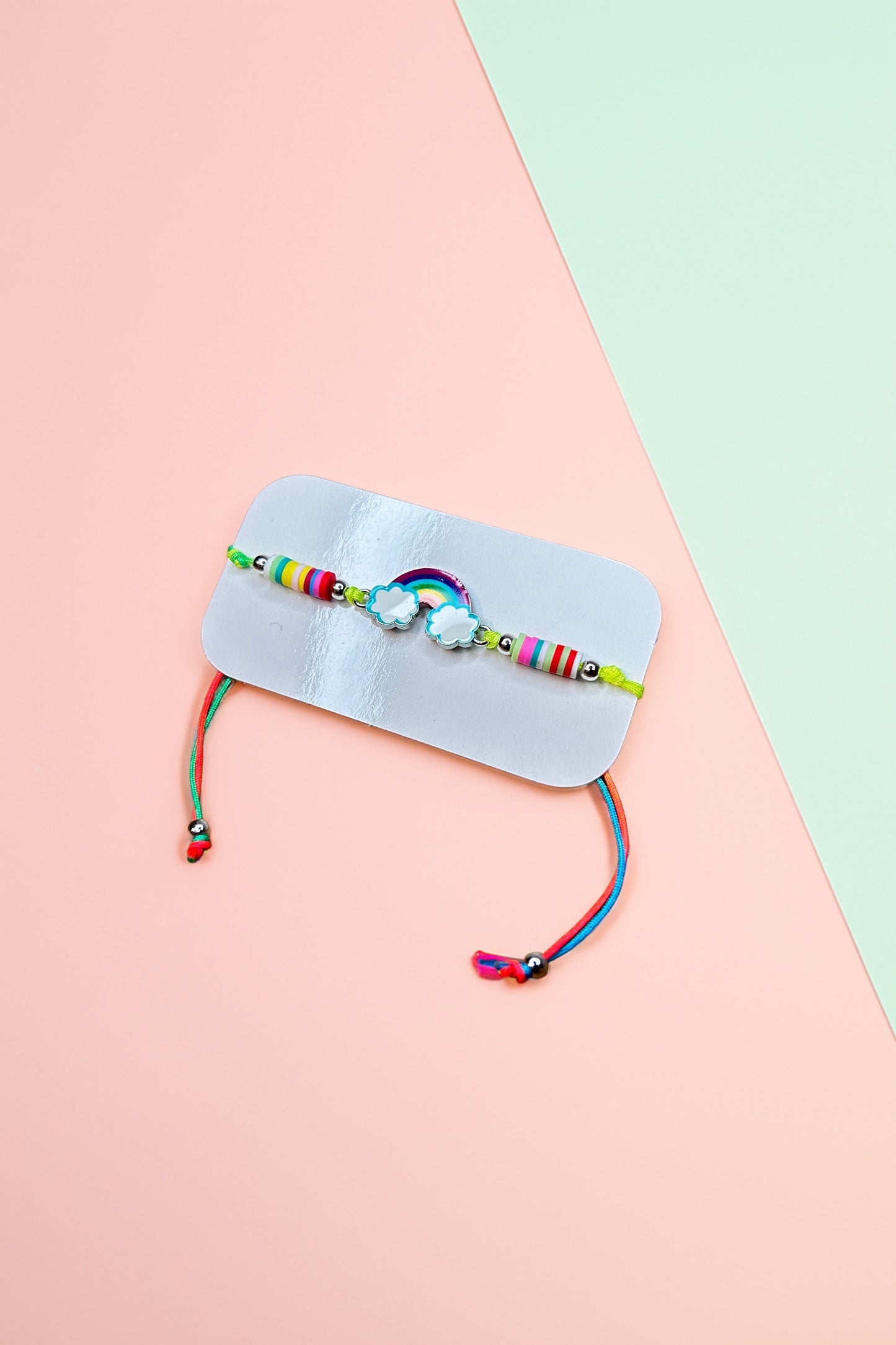 Side angle of the colorful rainbow friendship bracelet
