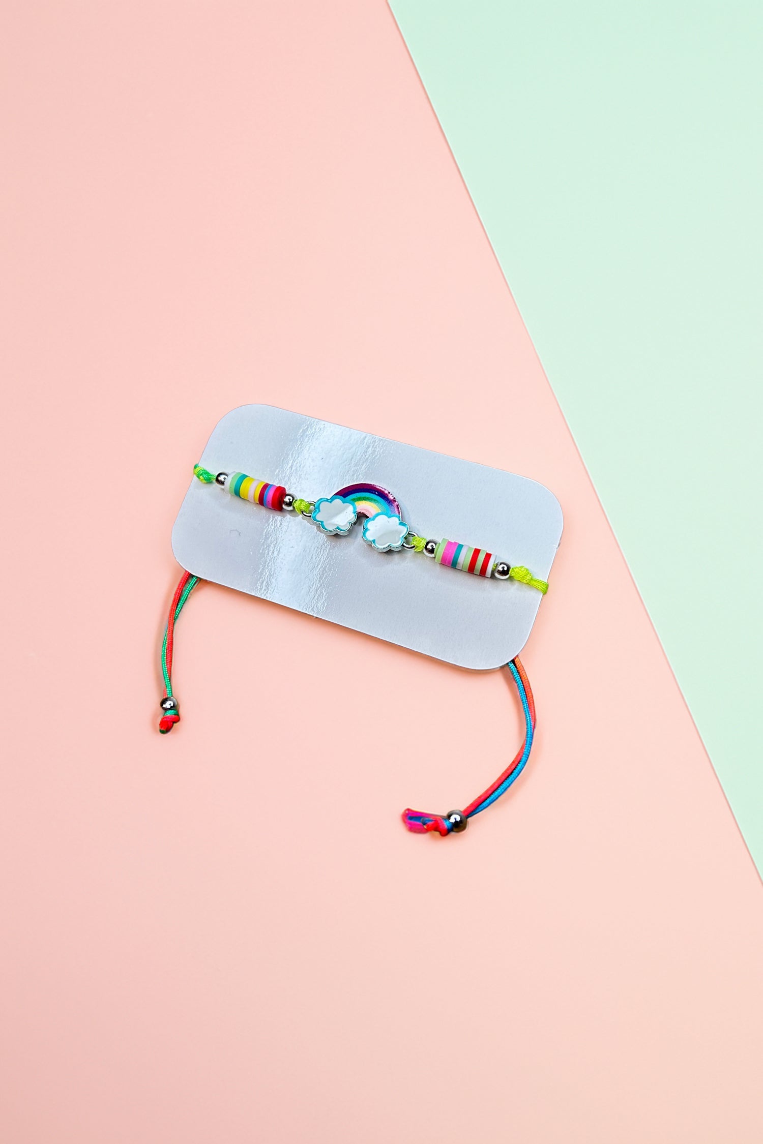 Side angle of the colorful rainbow friendship bracelet